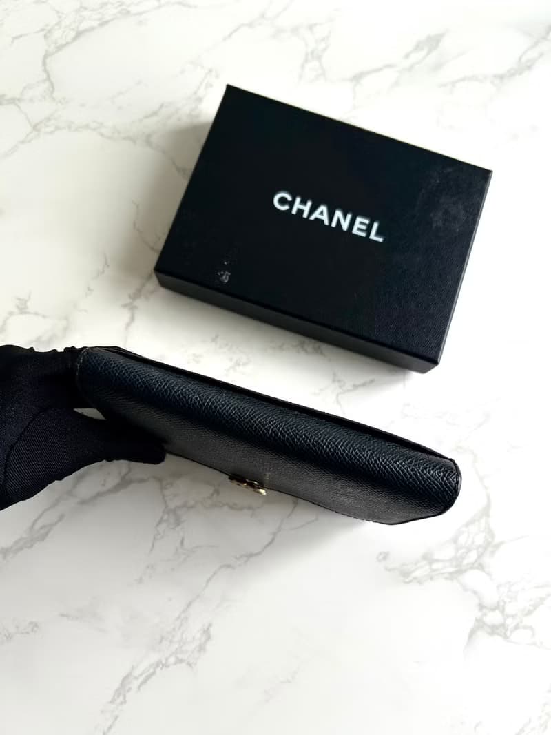 稀有中古二手Chanel黑色皮革金扣中夾 短夾 皮夾 銀包古董包 錢包