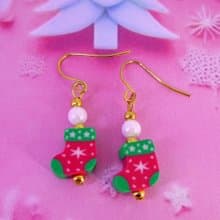 Handcrafted Christmas-Themed in Red Sock Stock shaped Dangle Earrings