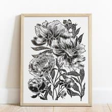 Linocut print Black peony flowers Housewarming gift Botanical illustration art