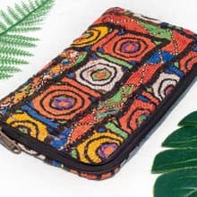手工刺繡錢包 民族風長夾 刺繡皮夾 手工古布長夾-圓形刺繡花朵