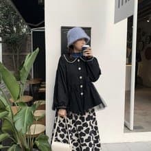 小香風 娃娃領花花短外套 雪紡紗 珍珠 花邊拼接