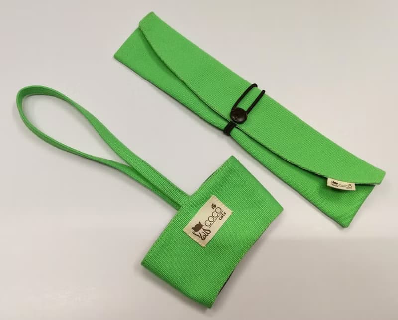 環保筷袋杯套組~手提式飲料杯套 餐具組收納袋 筷套(草綠)F08-006