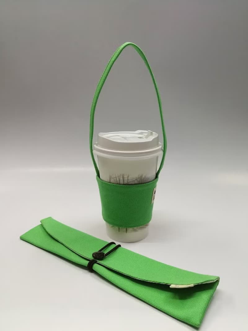 環保筷袋杯套組~手提式飲料杯套 餐具組收納袋 筷套(草綠)F08-006