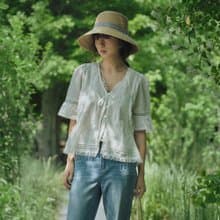 V領系帶蕾絲小衫|襯衫|夏款|Sora-1837
