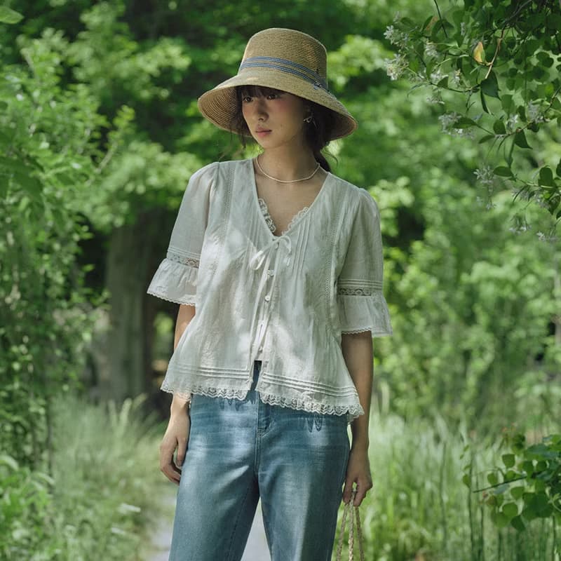 V領系帶蕾絲小衫|襯衫|夏款|Sora-1837