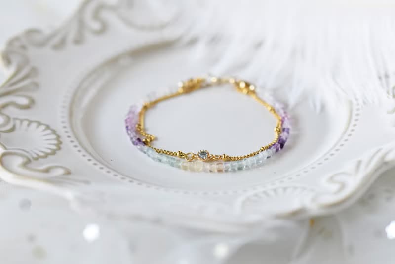 掛念。彩螢石 雙層手鍊 14K包金 天然石水晶 手鍊