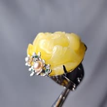 天然 琥珀 蜜蠟 牡丹 花開富貴 大寶石戒指 內徑17.2mm 單品 禮物