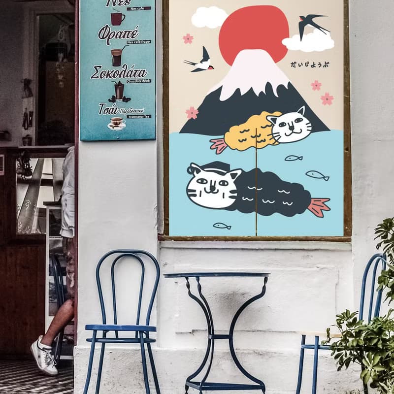 貓 富士山 門簾 炸蝦