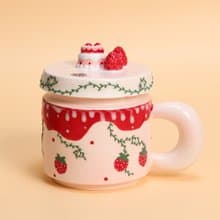 Strawberry Cake Ceramic Mug with Lid Handmade Cute Tea Cup Pink Dessert Themed