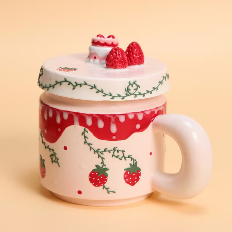 Strawberry Cake Ceramic Mug with Lid Handmade Cute Tea Cup Pink Dessert Themed