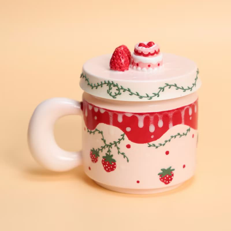 Strawberry Cake Ceramic Mug with Lid Handmade Cute Tea Cup Pink Dessert Themed