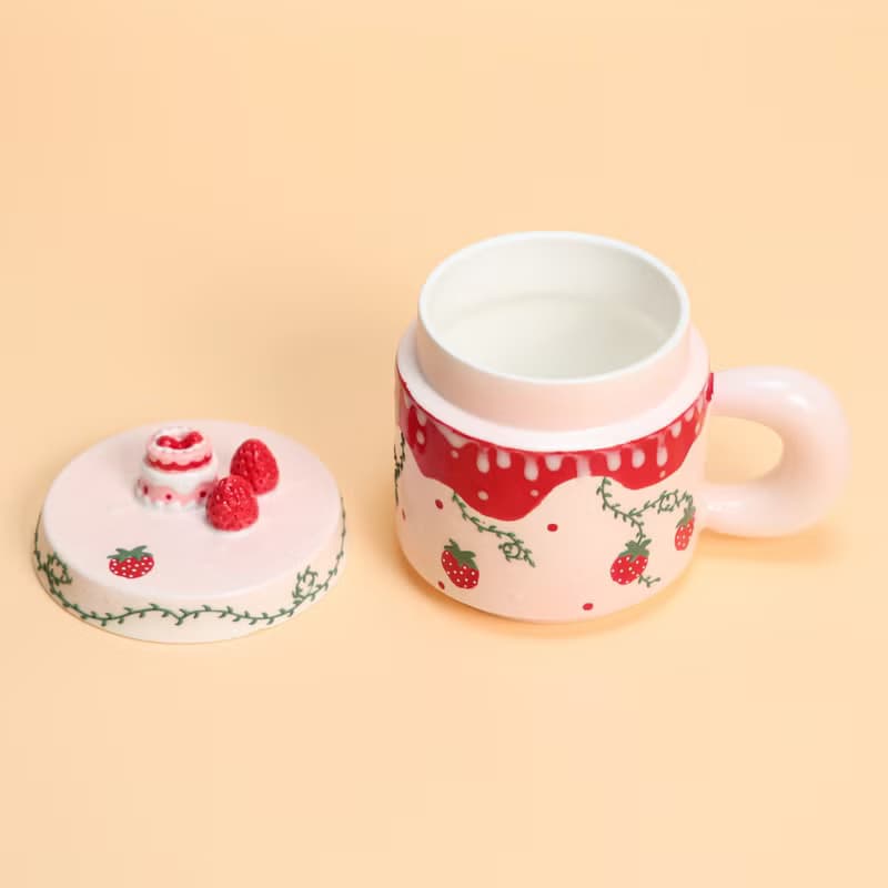Strawberry Cake Ceramic Mug with Lid Handmade Cute Tea Cup Pink Dessert Themed