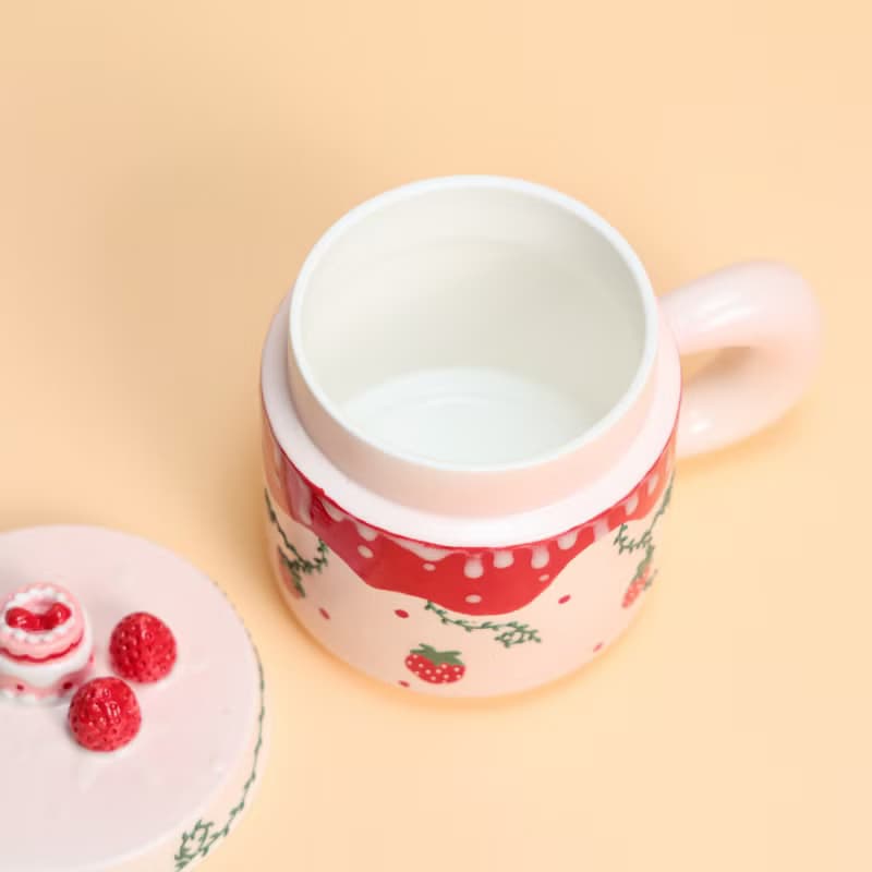 Strawberry Cake Ceramic Mug with Lid Handmade Cute Tea Cup Pink Dessert Themed