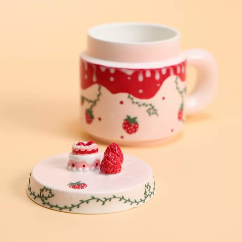 Strawberry Cake Ceramic Mug with Lid Handmade Cute Tea Cup Pink Dessert Themed