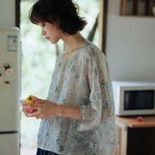 兩色碎花苧麻圓領鬆弛感小衫