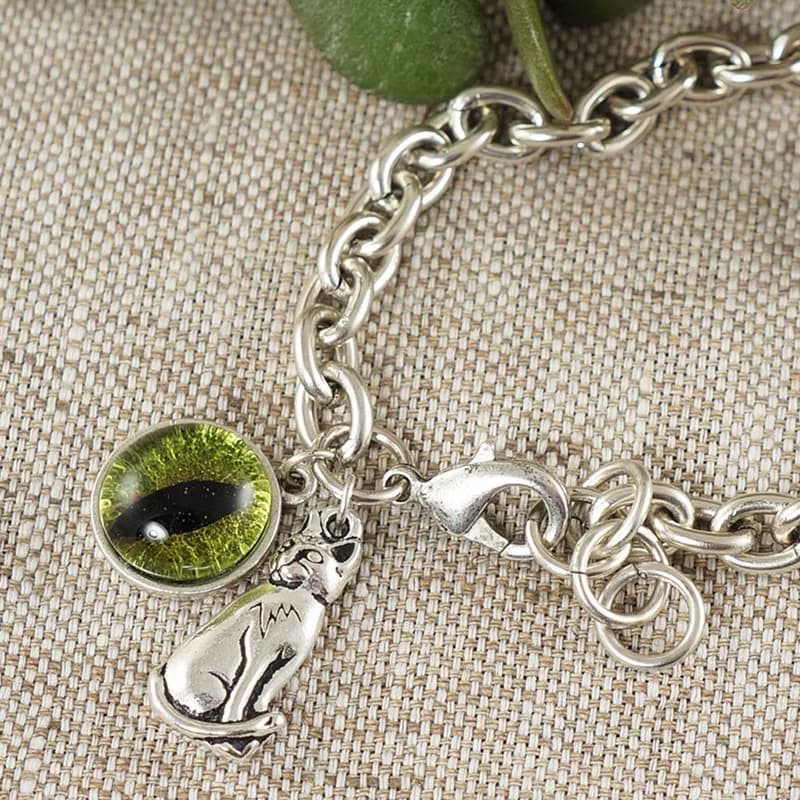 Olive Green Glass Cat Eye Evil Eye Silver Cat Kitten Protection Bracelet Jewelry