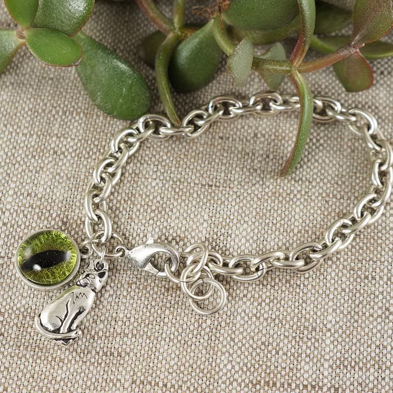 Olive Green Glass Cat Eye Evil Eye Silver Cat Kitten Protection Bracelet Jewelry