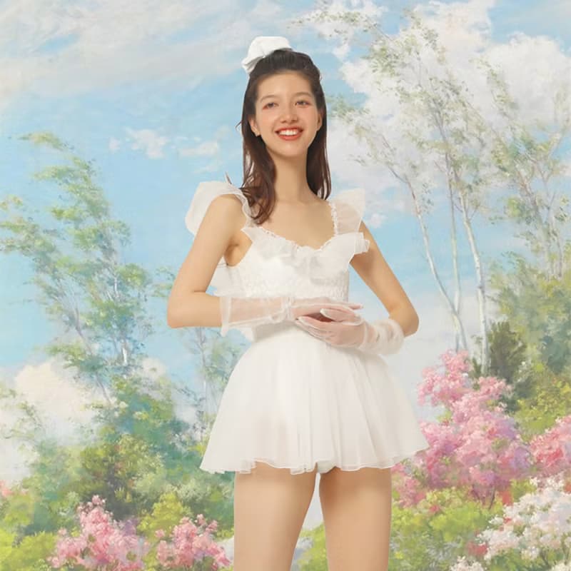 白色紗紗公主裙 遮肚露背連體泳衣