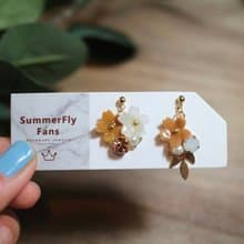 日系手作 金棕色閃鑽櫻花 橘色水晶花花朵不對稱垂墜耳環