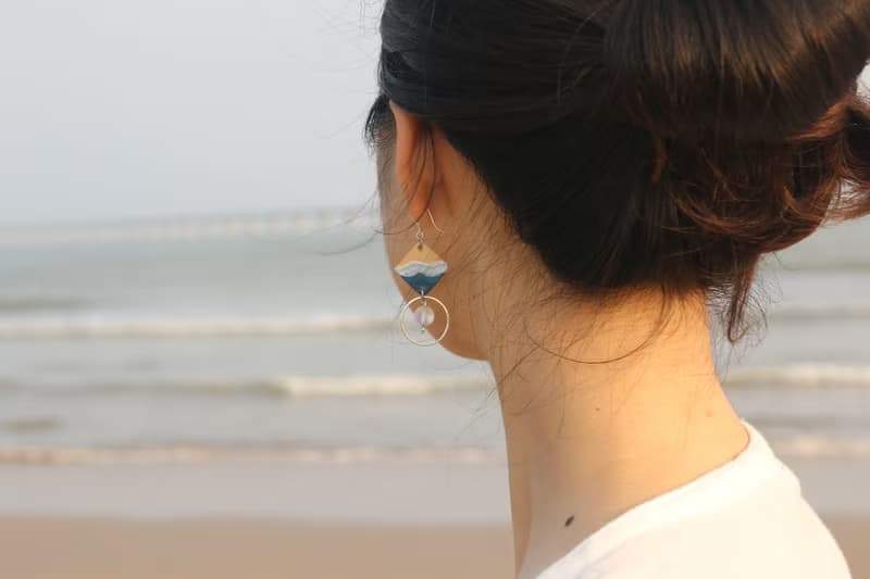 藍色海洋陶瓷耳環耳夾純銀