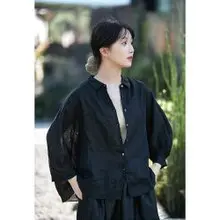 啞黑色亞麻輕薄寬松開衫小翻領女款防曬襯衫