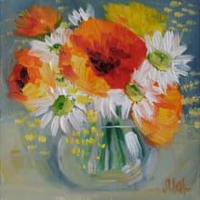 Flowers Bouquet Oil Painting Poppy in Vase Original Wall Art Daisy Artwork