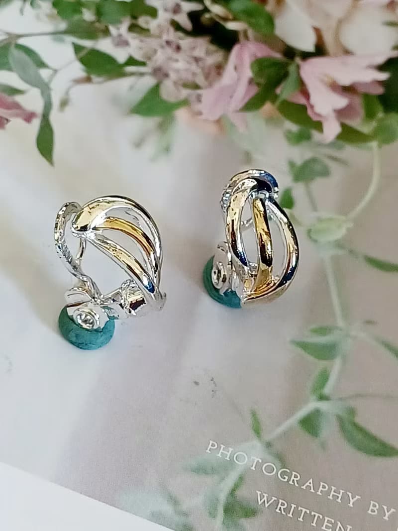 vintage jewelry  TJG 典雅簡約銀色線條 夾式耳環