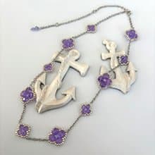Clover Necklace Handmade Beaded Rhodium Plated Chain Purple Floral Elegant Gift