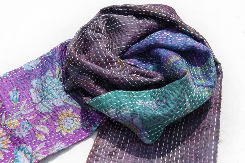 刺繡絲巾/絲綢刺繡圍巾/手縫紗麗線絲巾/印度絲綢刺繡圍巾-漸層花