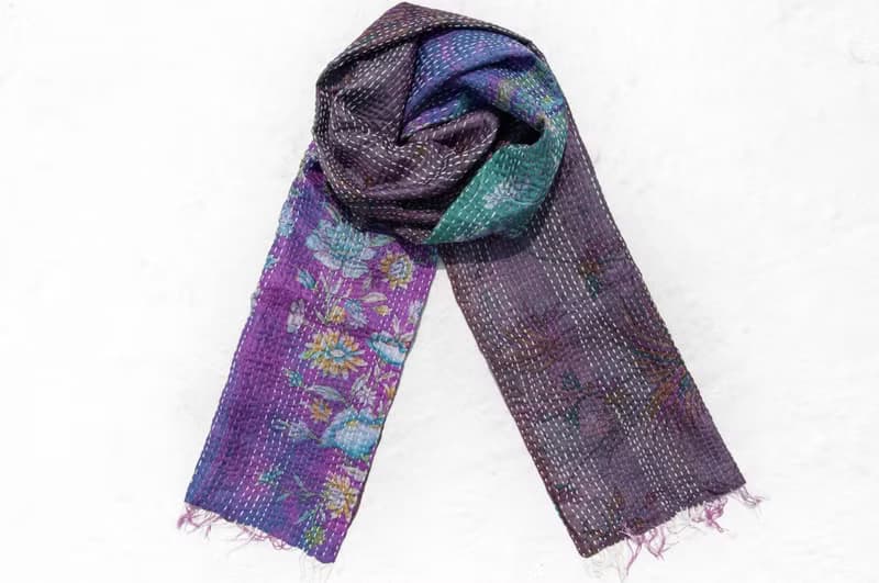 刺繡絲巾/絲綢刺繡圍巾/手縫紗麗線絲巾/印度絲綢刺繡圍巾-漸層花