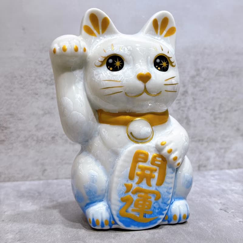 【青晶開運】日本清水燒招財貓 | 花結晶 青白 開運 右