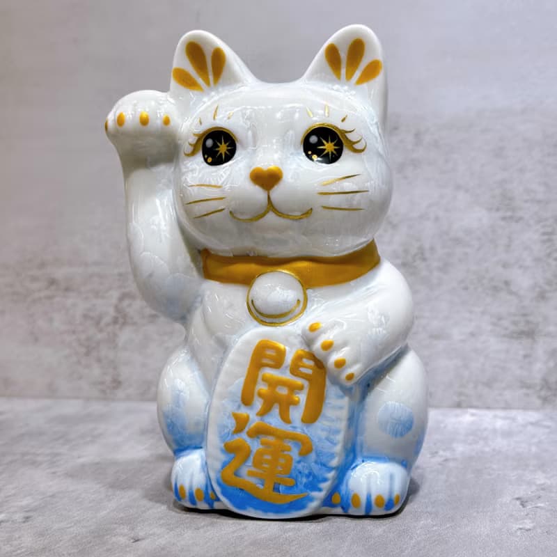 【青晶開運】日本清水燒招財貓 | 花結晶 青白 開運 右