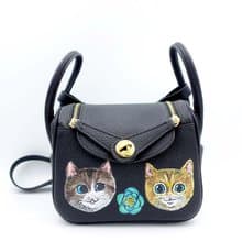 GOOKASO 黑色真皮牛皮革手繪貓咪包包手袋26cm LINDY款單肩手袋