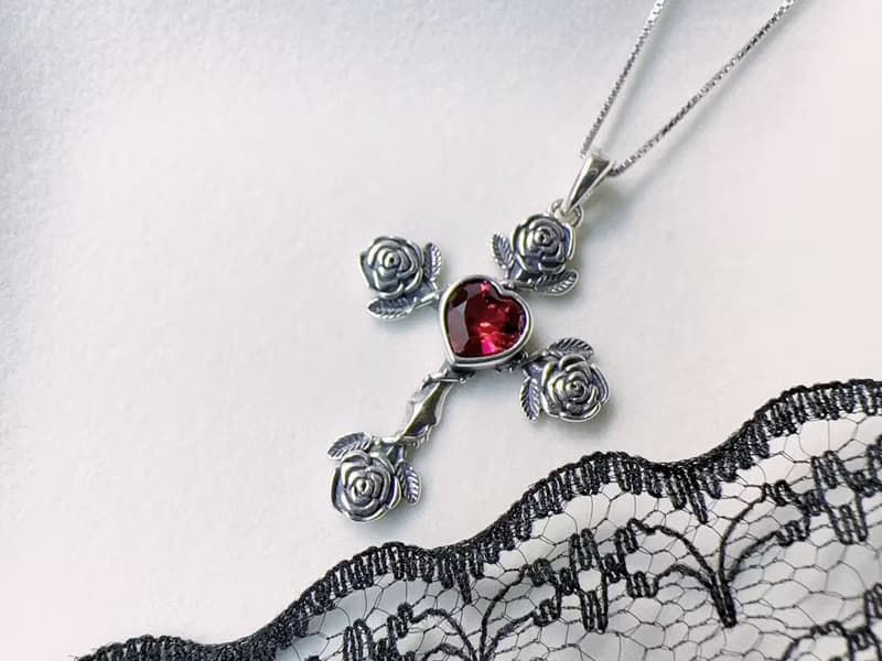 天然石榴石 純銀項鍊 心形 硫化玫瑰 十字架 1月生日石七夕情人節