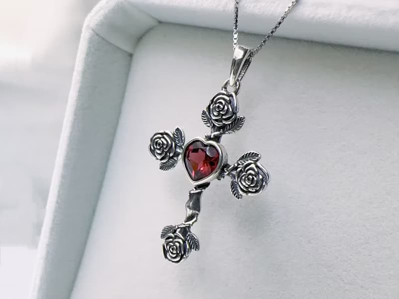 天然石榴石 純銀項鍊 心形 硫化玫瑰 十字架 1月生日石七夕情人節