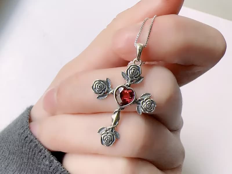 天然石榴石 純銀項鍊 心形 硫化玫瑰 十字架 1月生日石七夕情人節