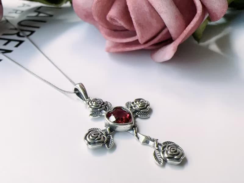 天然石榴石 純銀項鍊 心形 硫化玫瑰 十字架 1月生日石七夕情人節