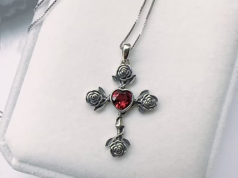 天然石榴石 純銀項鍊 心形 硫化玫瑰 十字架 1月生日石七夕情人節