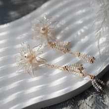 星月 珍珠流蘇耳環  水晶花 淡水珍珠樹脂花耳環