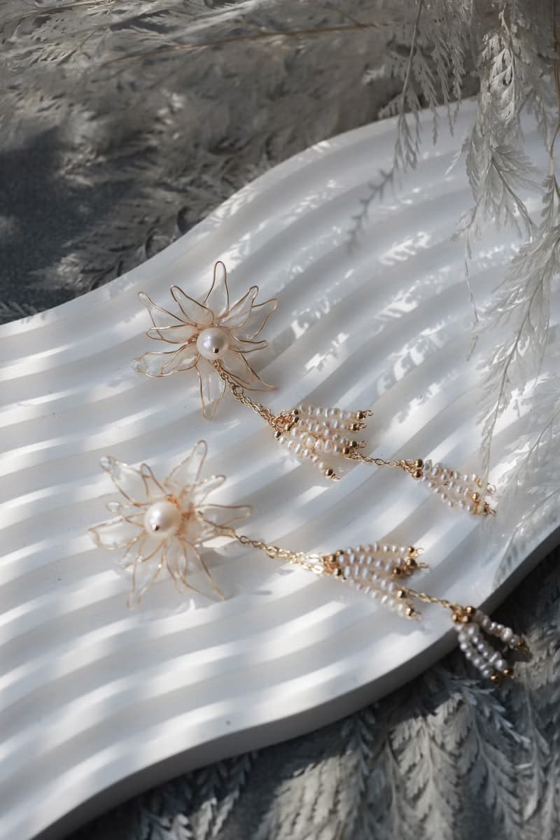 星月 珍珠流蘇耳環  水晶花 淡水珍珠樹脂花耳環