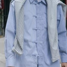 SHIRTS 新中式復古盤扣長袖襯衫 拼接條紋設計 寬鬆廓形 Cityboy