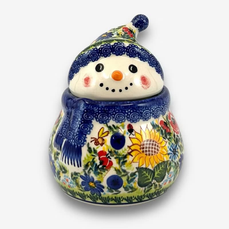 波蘭手繪手工陶-雪人收納罐 (小) 15cm 向日葵花園系列 設計師款