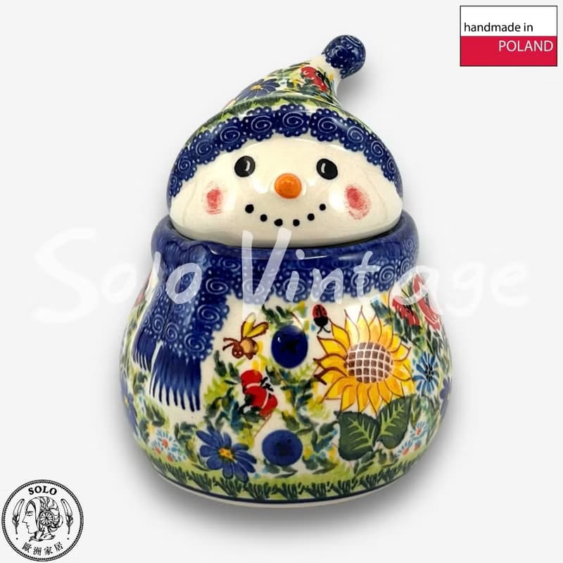 波蘭手繪手工陶-雪人收納罐 (小) 15cm 向日葵花園系列 設計師款