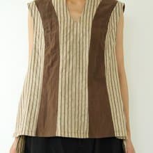 川 衣 WEAR BEING  蠶絲拼接裁片背心  咖啡/條紋