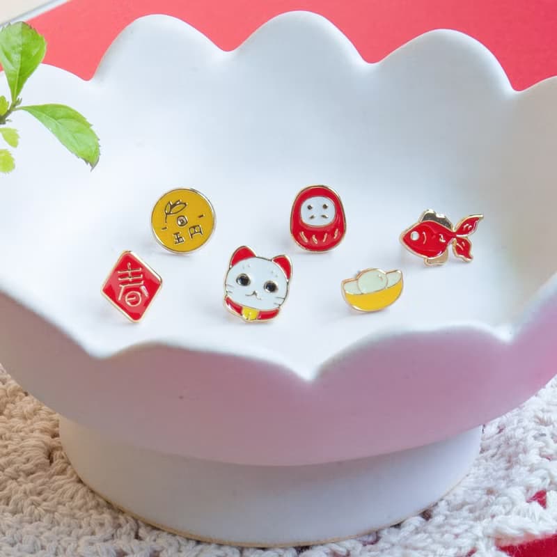 金魚 達摩 招財貓 金魚 夾式耳環 新年禮物 招財耳環