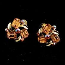 vintage jewelry  LISNER 大地色系方形萊茵花卉 夾式耳環
