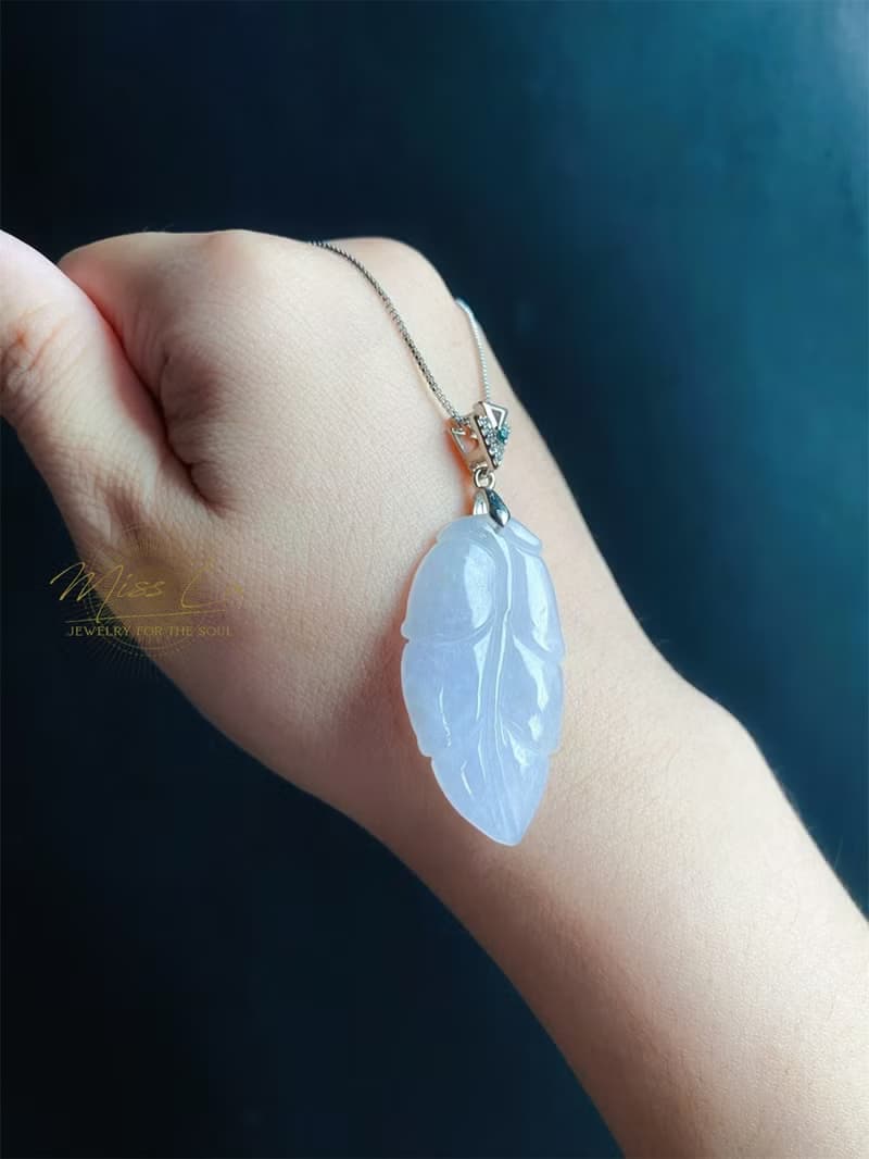 天然緬甸玉翡翠 淺紫底翡 葉子 金枝玉葉 項鍊 s925 玉石 禮物