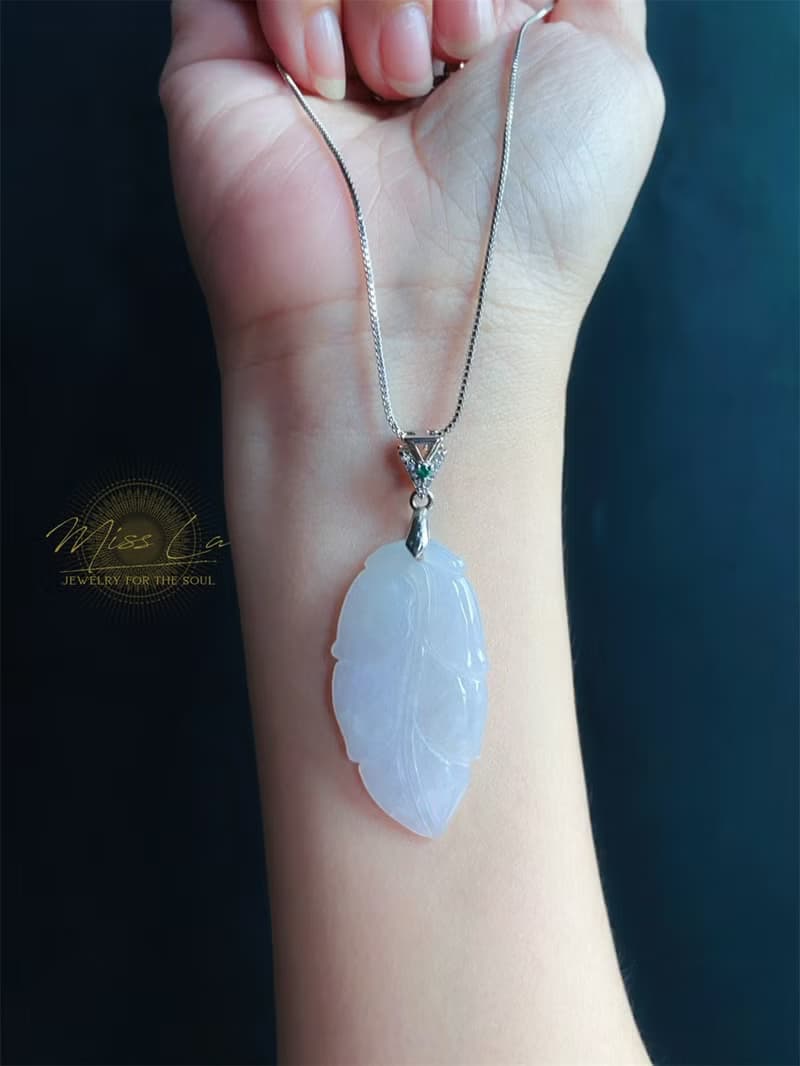 天然緬甸玉翡翠 淺紫底翡 葉子 金枝玉葉 項鍊 s925 玉石 禮物