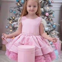 satin flower girl short pink dress with feathers for wedding, birthday, concerts