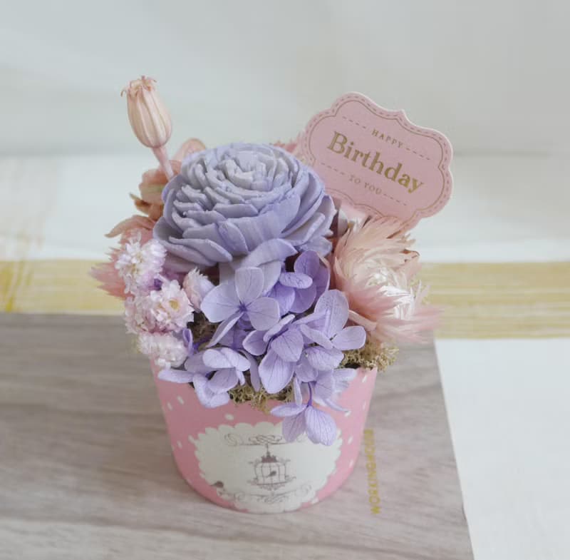 情人節禮物花束粉紫玫瑰蛋糕花 甜點花盆栽 結婚捧花永生乾燥花情